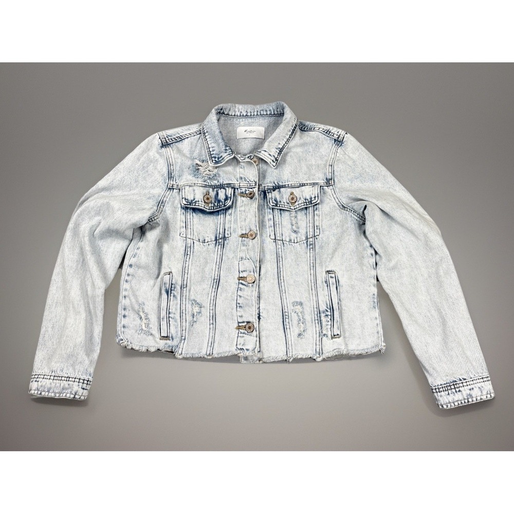 Kancan‎ Women Raw Hem Punk Hip Hop Trucker Crop Destroyed Denim Jacket  - Large